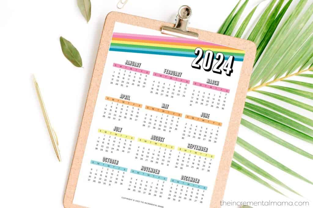 rainbow one page 2024 calendar design