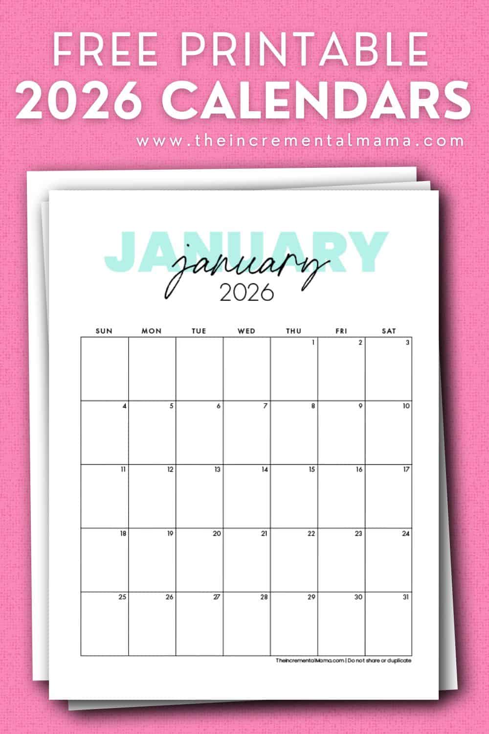 Cute 2026 Monthly Calendar Free Printable