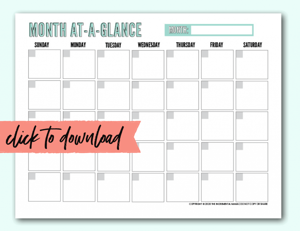 Free Blank Monthly Calendar Template PDF - The Incremental Mama With Regard To Blank One Month Calendar Template