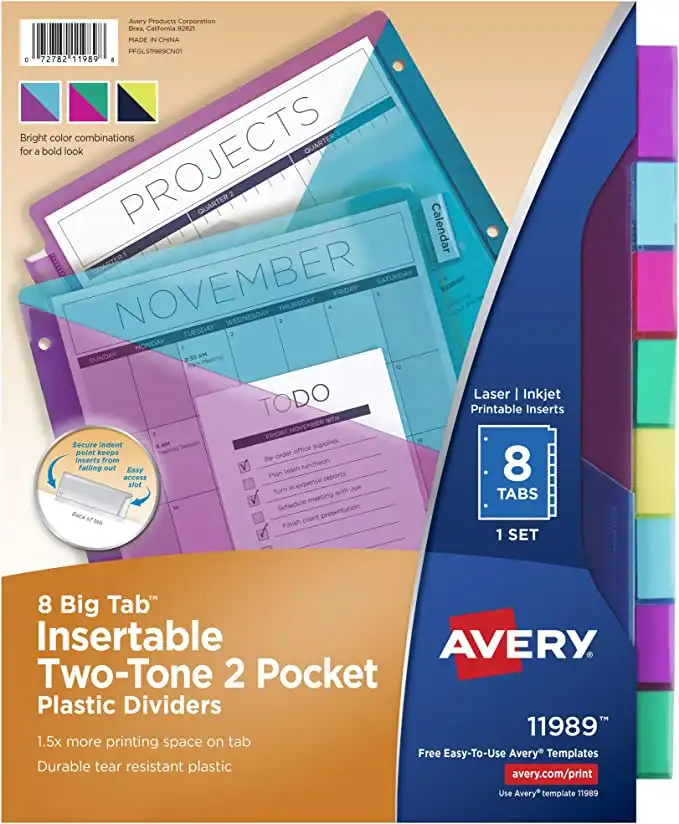 Avery Plastic 8-Tab Two-Tone Binder Dividers with Two Pockets