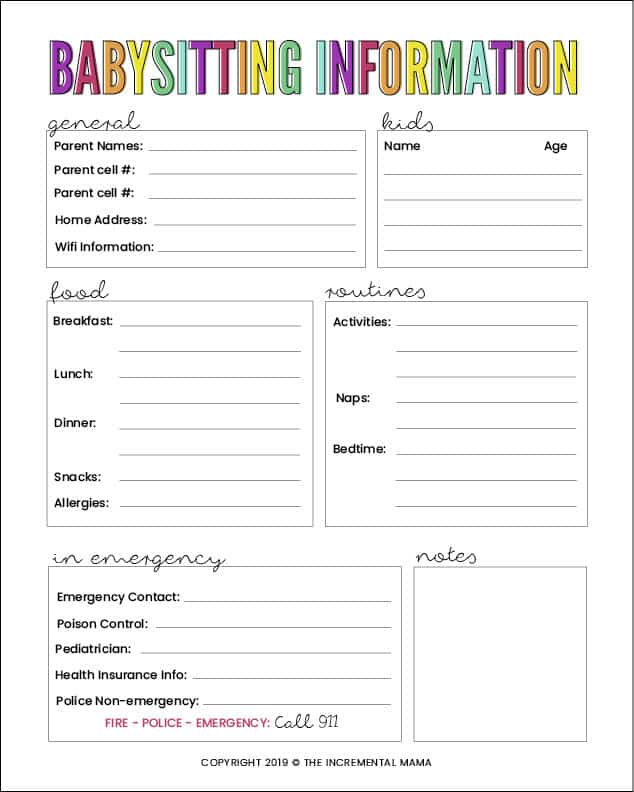 free printable babysitting information sheet the