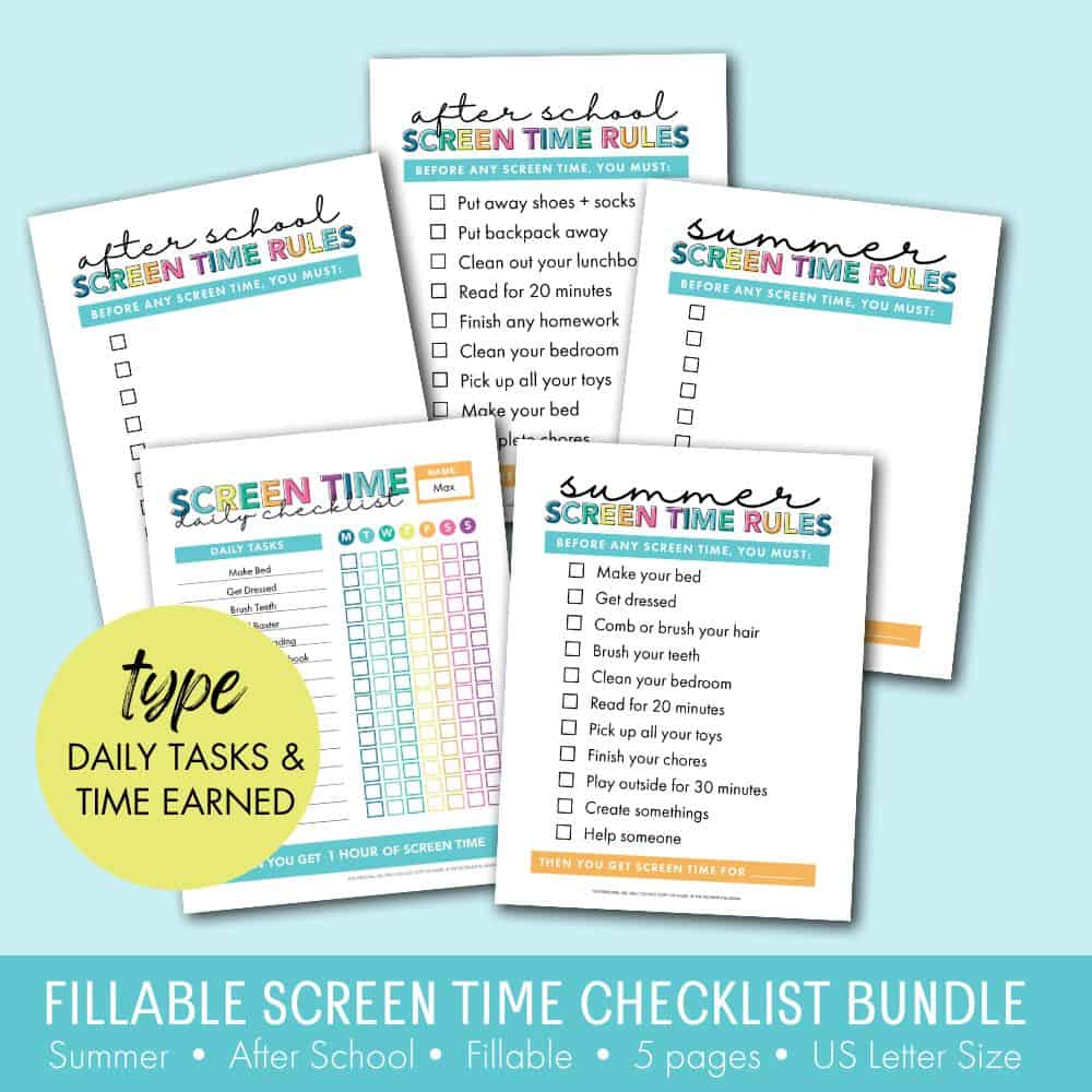 summer and school year screen time checklist PDFs