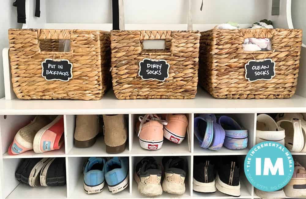 sock and shoe bin in entryway hall tree