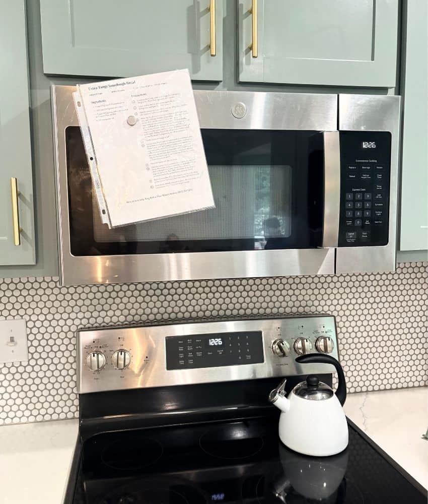 Recipe page posted above stove with magnet