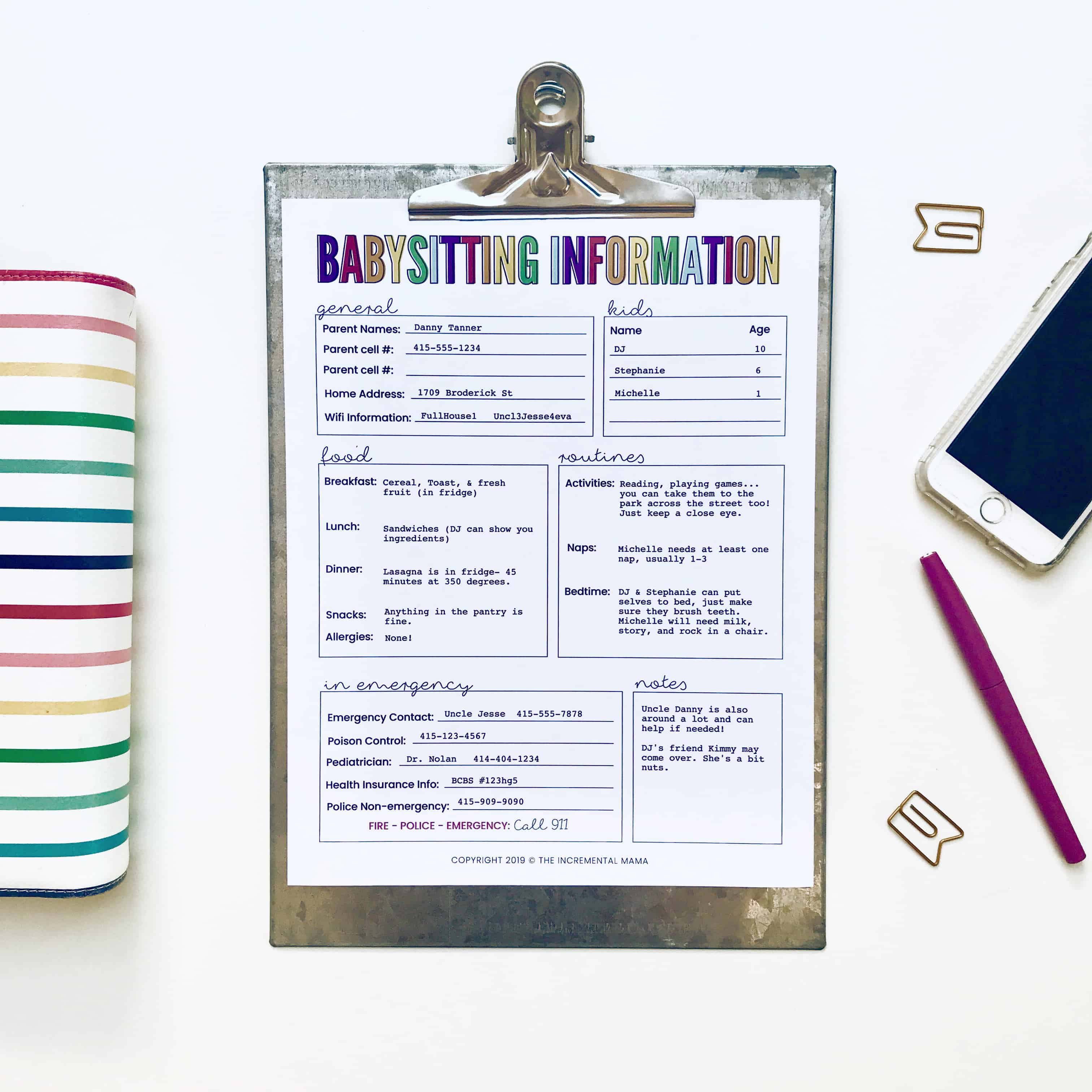 editable babysitting information printable