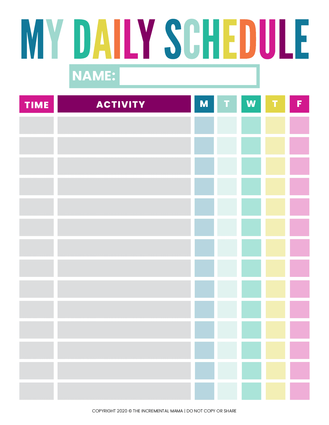daily tasks schedule templates for kids