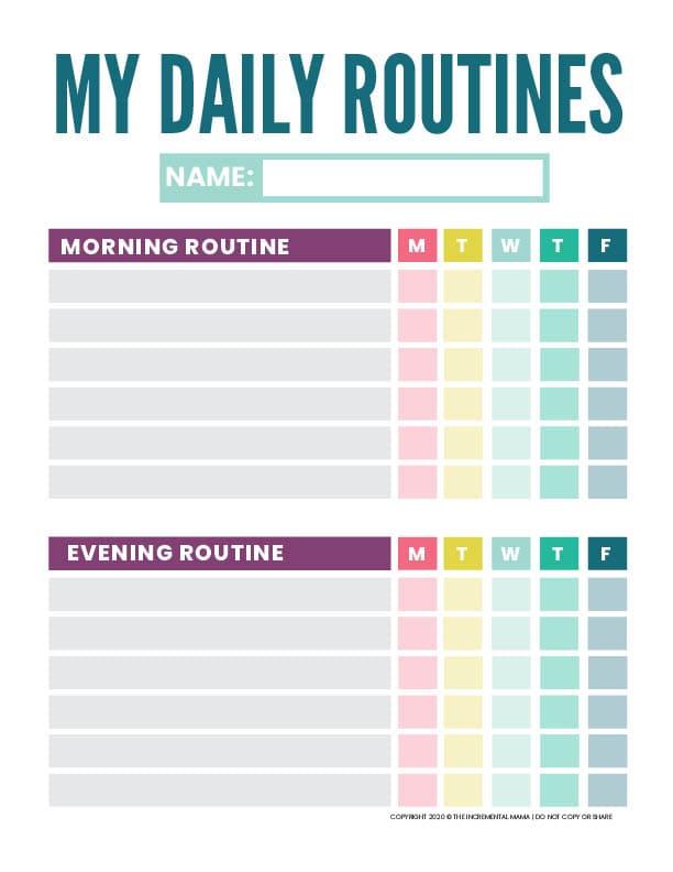 Free Printable Kid’s Daily Routine Chart Template - The Incremental Mama