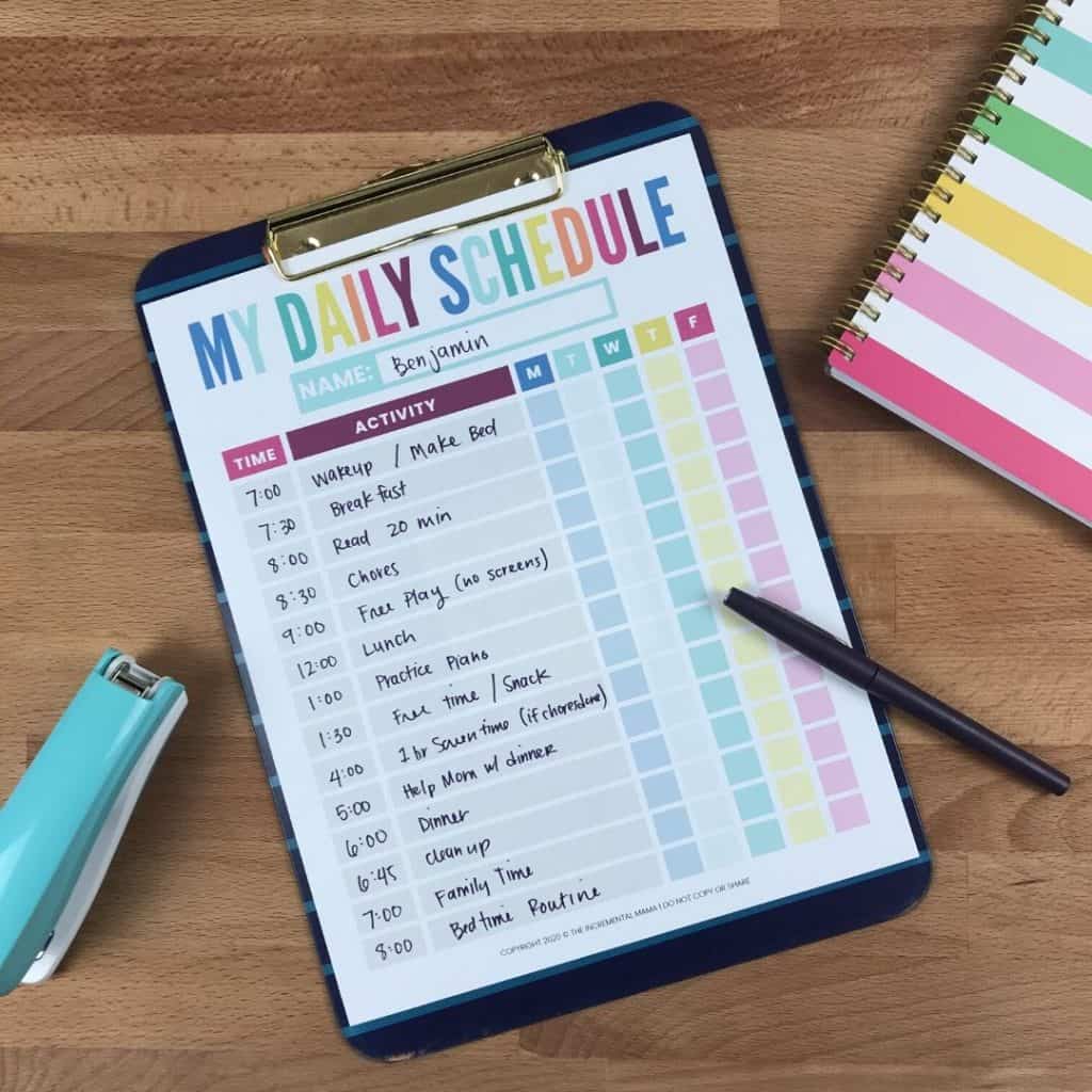 Colorful kid's daily schedule template
