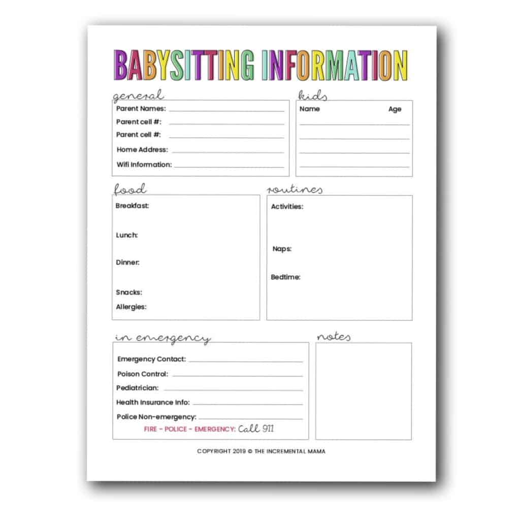 Free Printable Babysitting Information Sheet The Incremental Mama