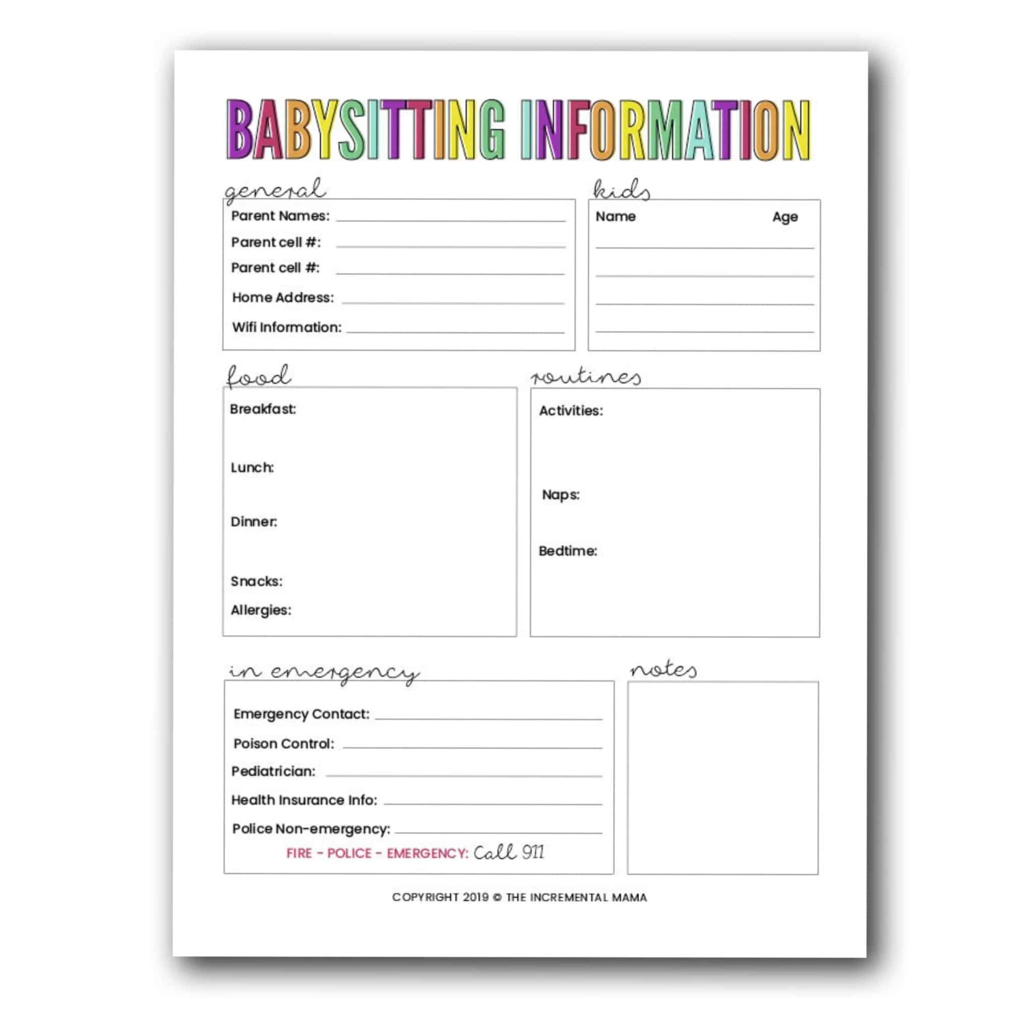 Free Printable Babysitting Information Sheet The Incremental Mama