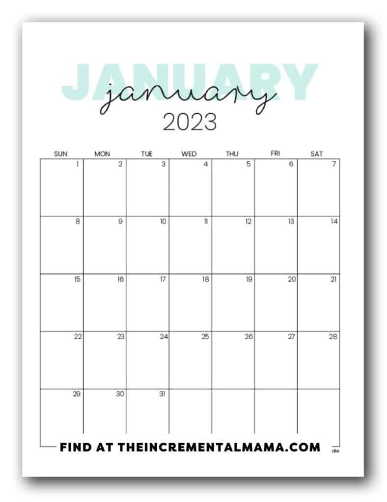 free printable January monthly calendar PDF