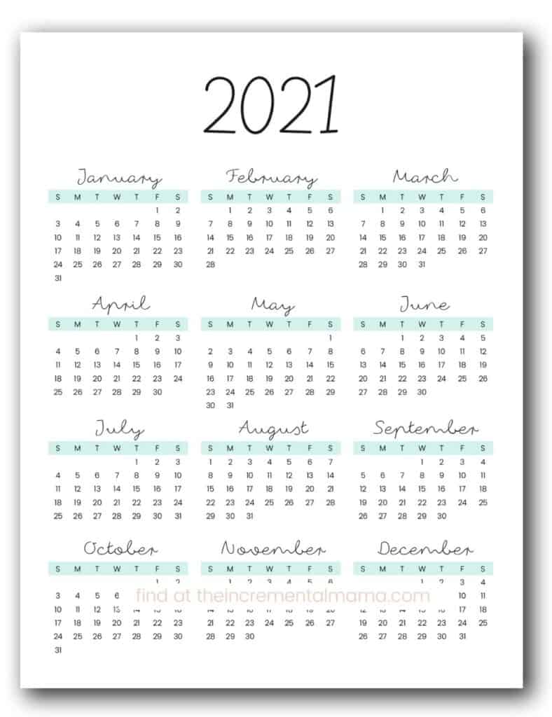 2021 Calendar Printable One Page Free 6378