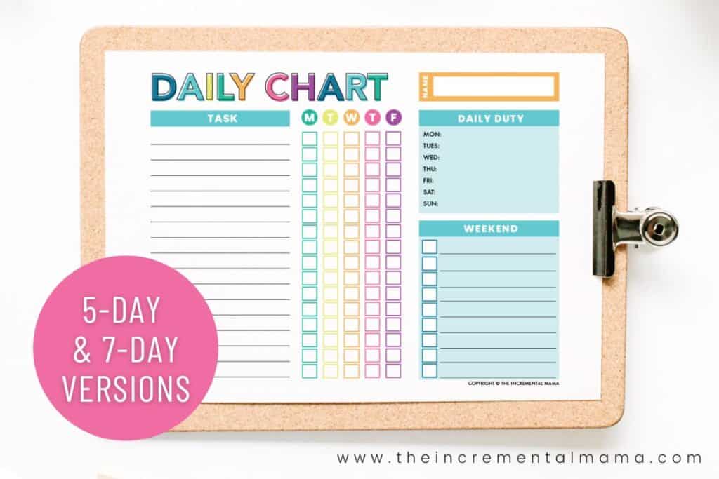 5 day and 7 day daily chore chart printables