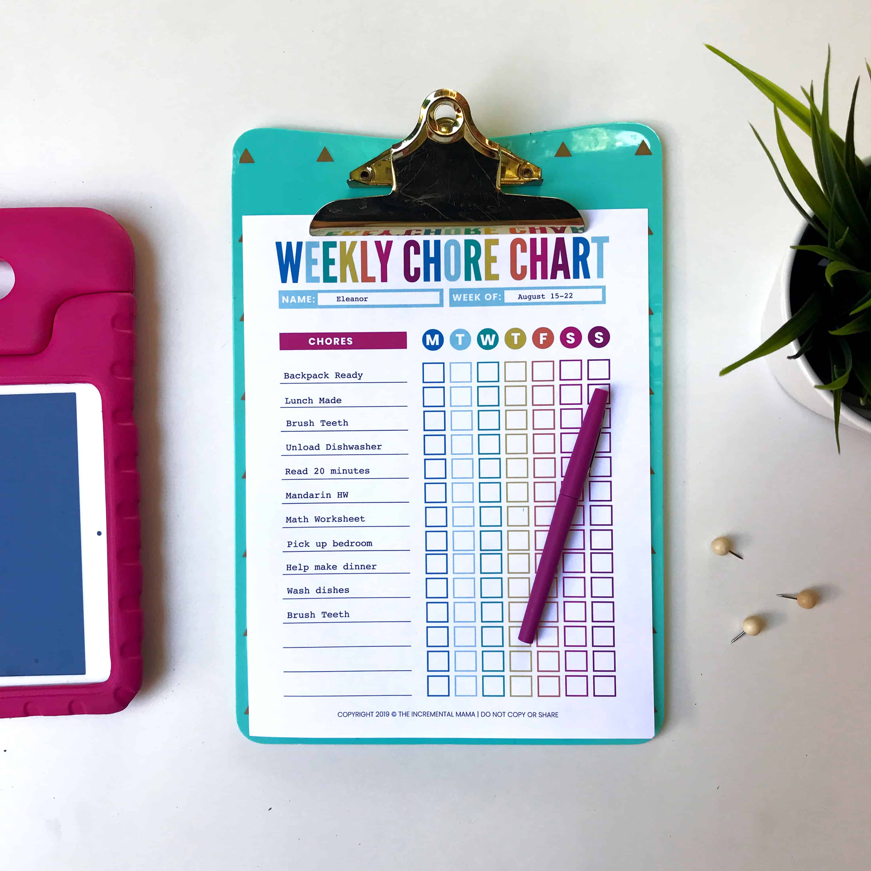 colorful editable chore chart on desk