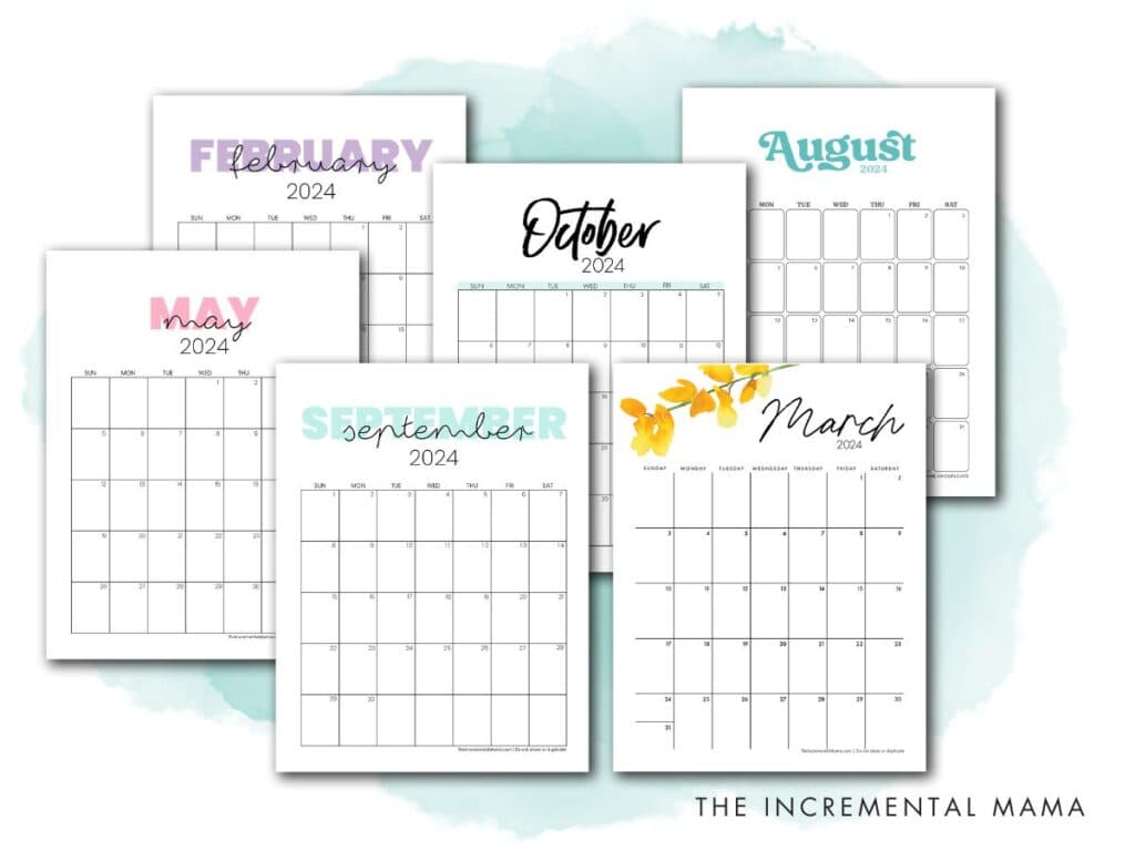 Free Printable Monthly Calendar 2024 - January to December - The  Incremental Mama