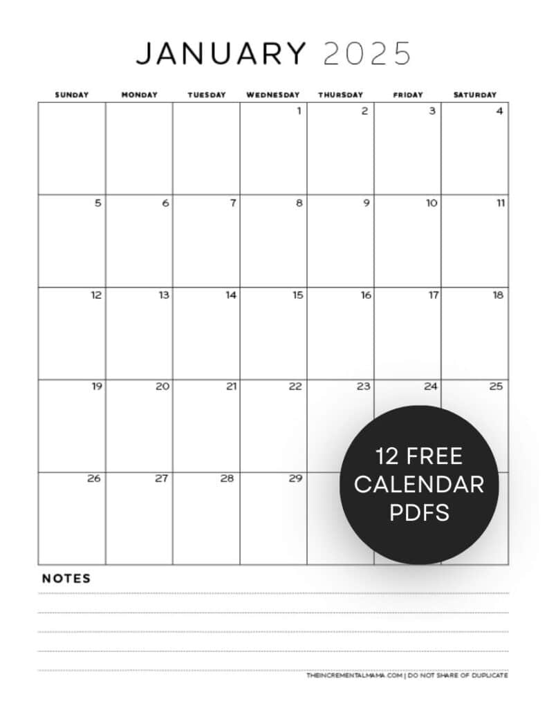 Free 2025 Monthly Calendar PDF Printable With Lined Section - The Incremental Mama