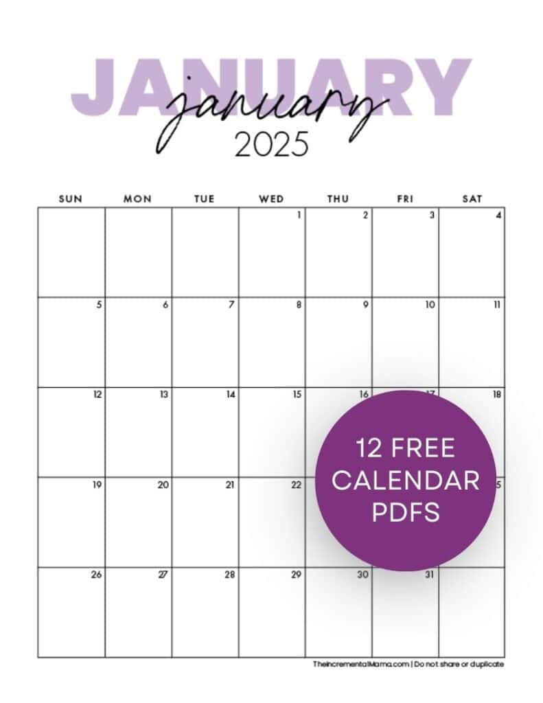 Free 2025 Monthly Calendar Template January to December