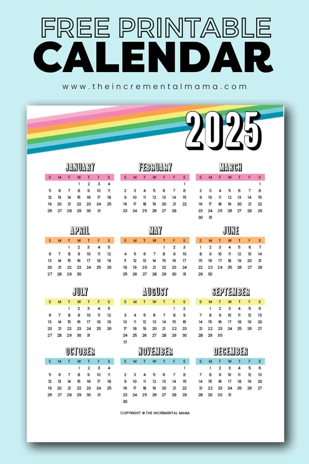 12 Free Printable OnePage Yearly Calendars 2025, 2026, 2027 The