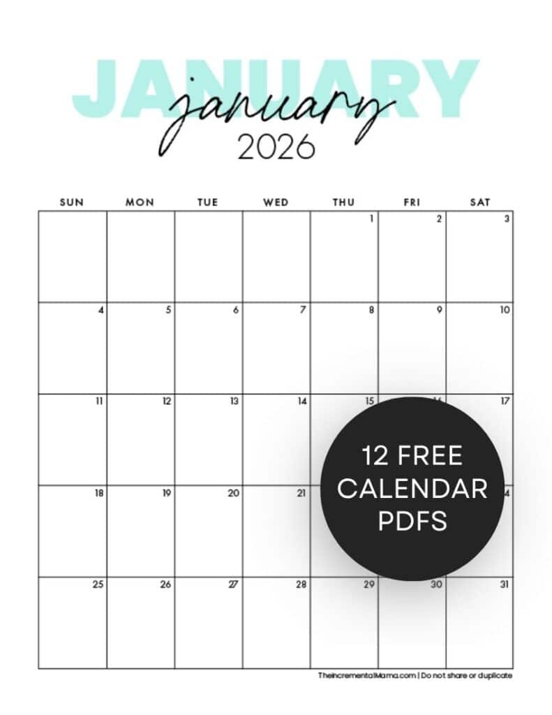 free january 2026 monthly calendar