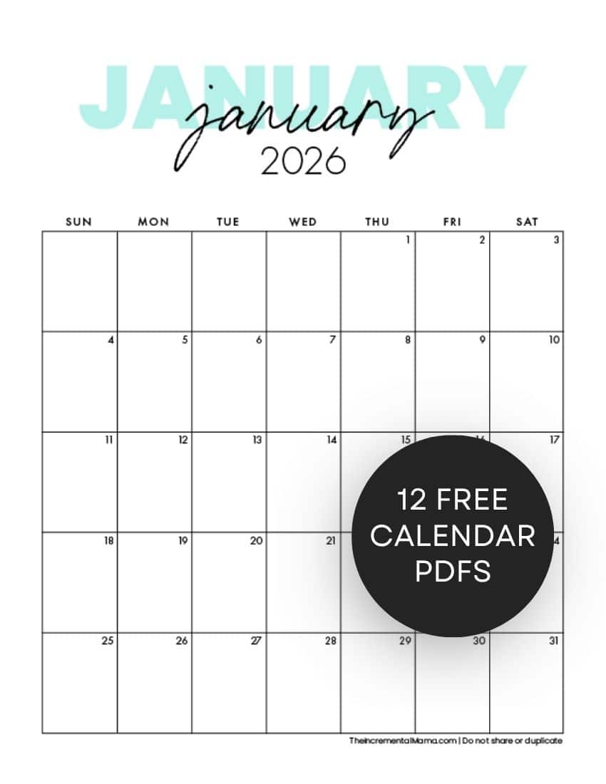 Cute 2026 Monthly Calendar Free Printable