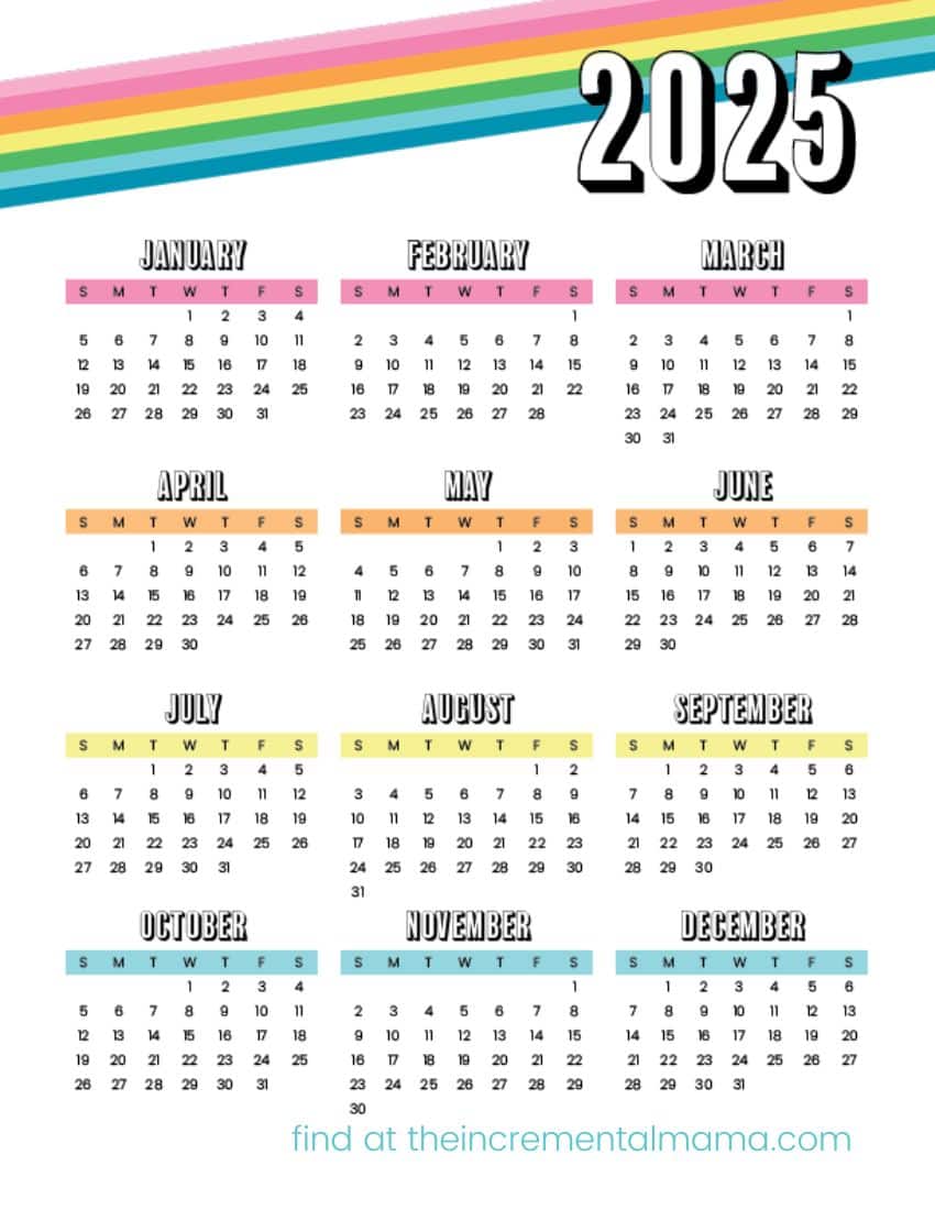 12 Free Printable OnePage Yearly Calendars 2025, 2026, 2027 The