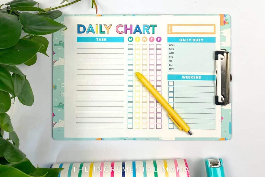 colorful cute free chore chart printable with yellow pen