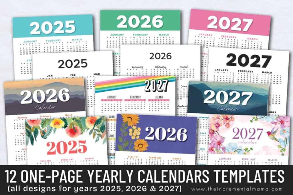 12 Free Printable One-Page Yearly Calendars - 2025, 2026, 2027 - The Incremental Mama