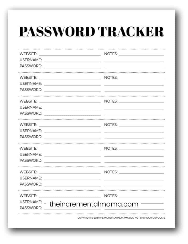 free printable username and password log