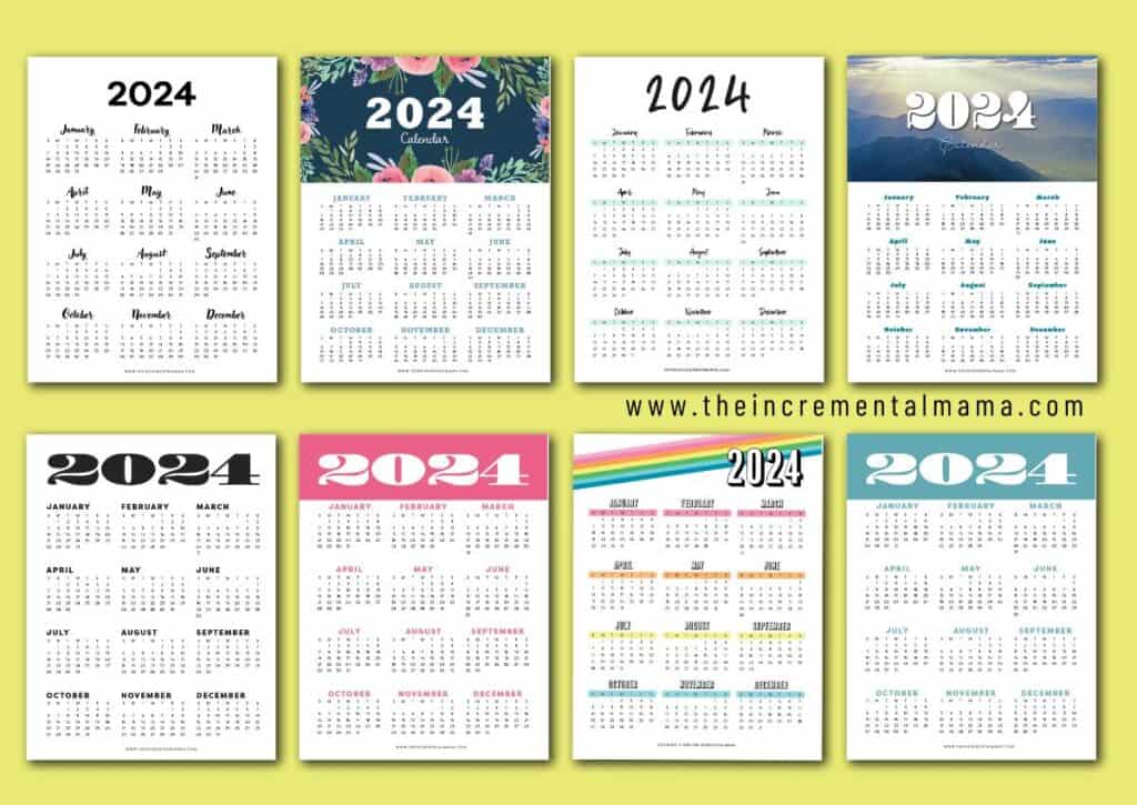 9 different free printable 2024 one-page calendars