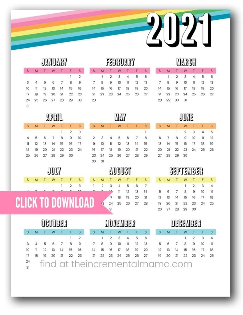 rainbow 1 page 2021 calendar