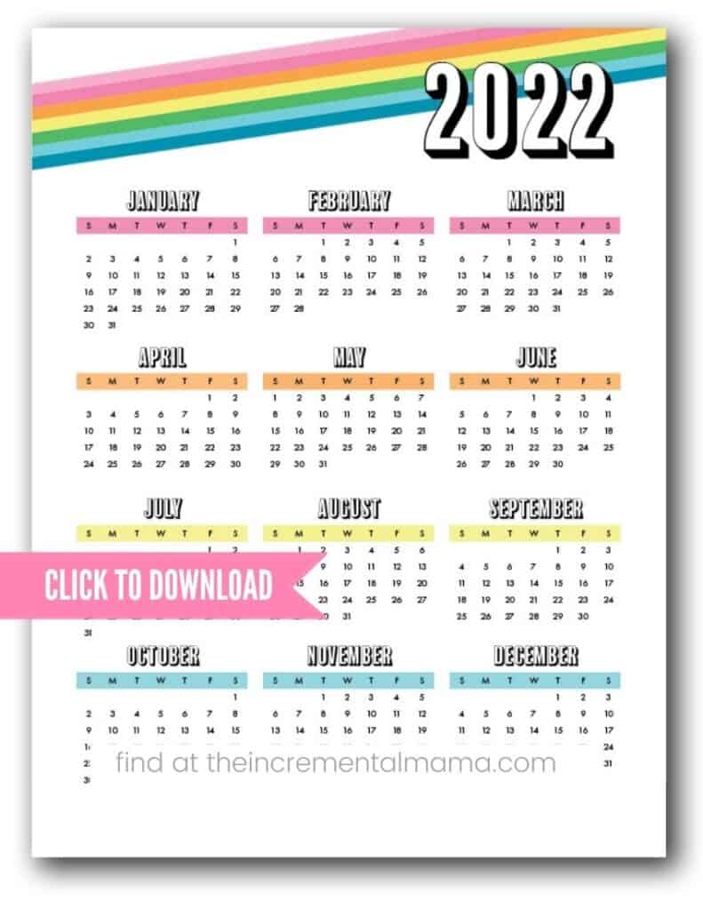 rainbow 2022 one page calendar pdf free printable template