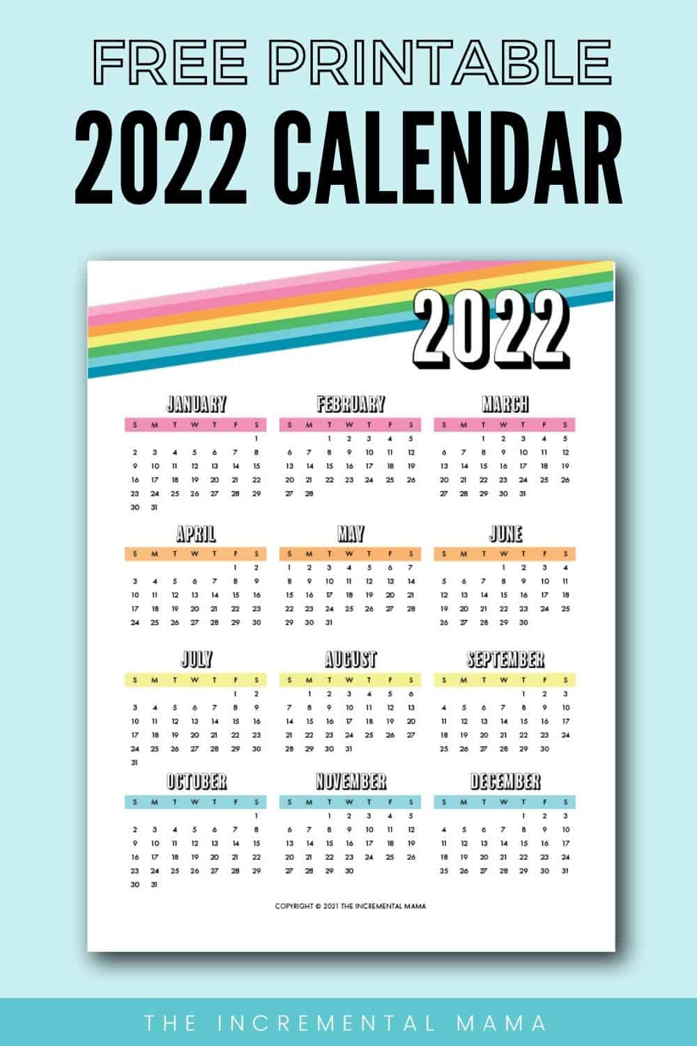 Rainbow 2022 One-Page Calendar PDF - Free Printable Template