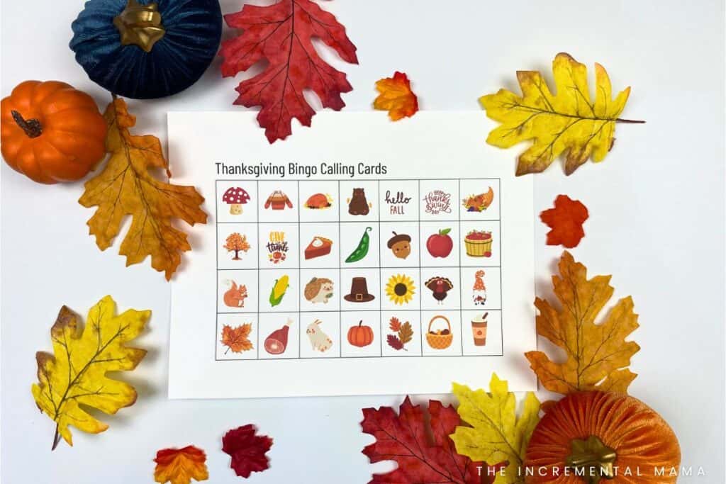 thanksgiving bingo calling cards with fall leaves