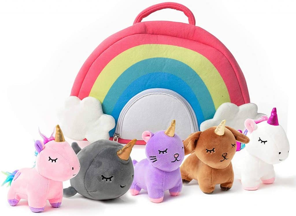 unicorn stuffed animals in rainbow case